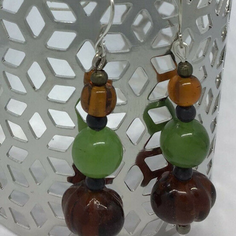 Artisan Earrings Silver Tone Glass and Stone Bead
